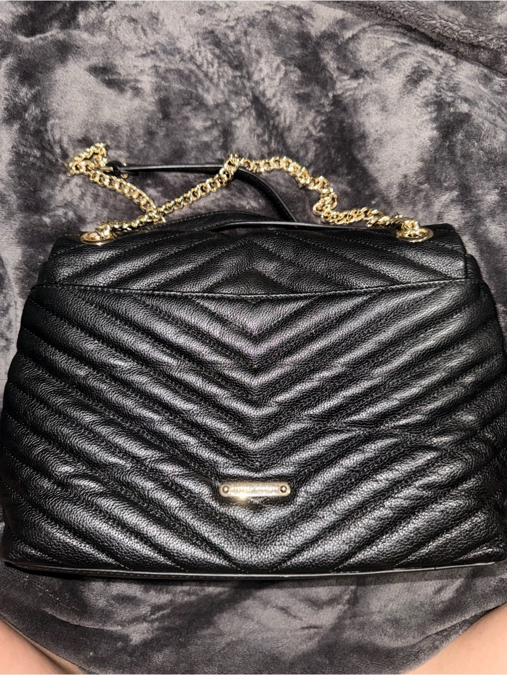 Rebecca Minkoff Black Quilted Chevron Shoulder Bag with Gold Chain Strap